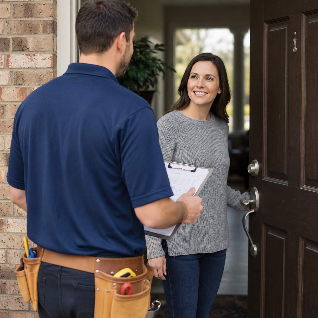 HVAC technician discussing a visit with a homeowner at her door