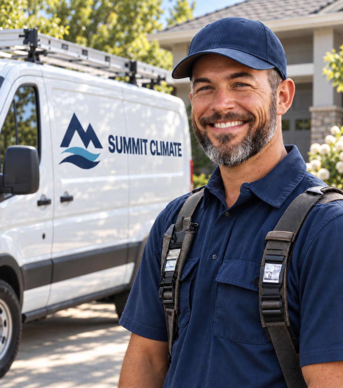 Summit Climate technician standing beside a service van